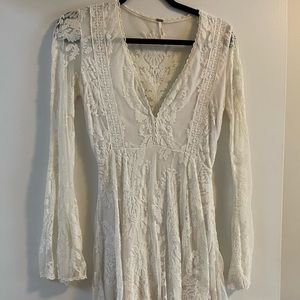 free people lace boho bell sleeve scallop detail sheer back dress